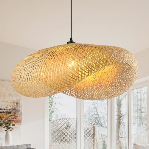Schindora Retro Rattan Lampshade,80Cm Pendant Light Handwoven Hat Pendant Lighting Ceiling Creativity Boho Lampshade for Restaurant Tea Room Bedroom Living Room Cafe,E27