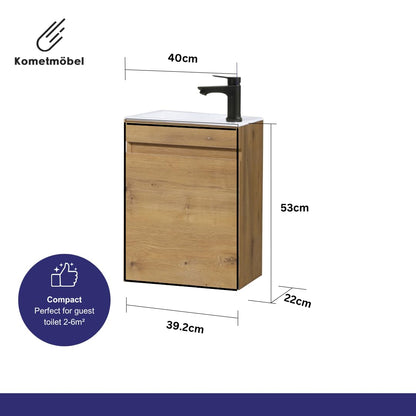 Kometmöbel Cloakroom Vanity Unit With Wash Basin Bathroom Vanity 40cm Wall Hung (Oak 40cm, Without Tap)