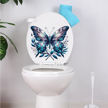 Colorful Butterfly Flower Toilet Cover Sticker Decals,Fish Bird Flower Leaf Waterproof Toilet Lid Tank Seat Decals Cistern Self-Adhesive Bathroom