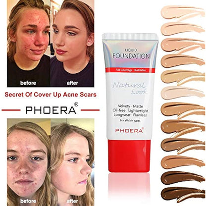AQUAPURITY PHOERA Full Coverage Foundation New Formula Waterproof Long Lasting Oil Free Velvet Matte Liquid Foundation for Oily Skin Flawless Makeup Base Cream Concealer (101 Porcelain…)
