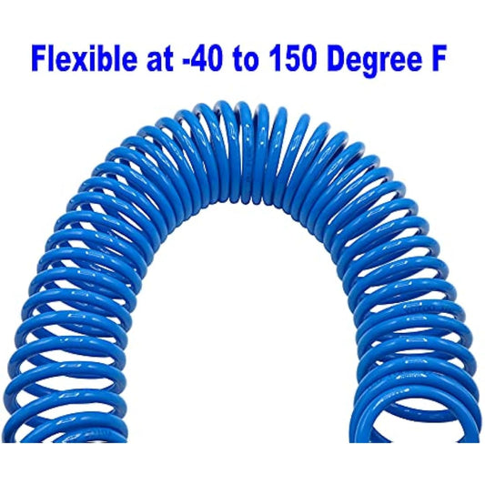YOTOO 2 Pcs Air Compressor Hose Polyurethane Recoil 10m Long 6mm ID x 9.5mm OD with Bend Restrictor, 1/4" Europe Quick Coupler and Plug, Blue