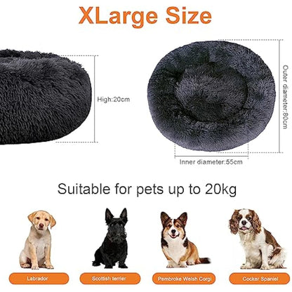 Moistu Calming Dog Bed with Removable Cover: Washable Donut Anti Anxiety Dog Beds - Soft Round Cuddler Cat Bed - Fluffy Plush Comfy Warm Puppy Pet Bed with Zip (Ø 80cm Outerdiameter (XL), Dark Grey)