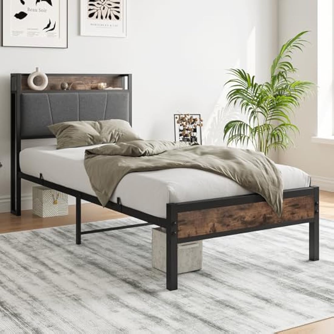 BORPHOM 3ft Single Bed Frame with Storage Headboard,Heavy Duty Metal Upholstered Platform Bed Frame,Mattress Foundation/Strong Steel Slat Support/Under-bed Storage/Easy Assembly