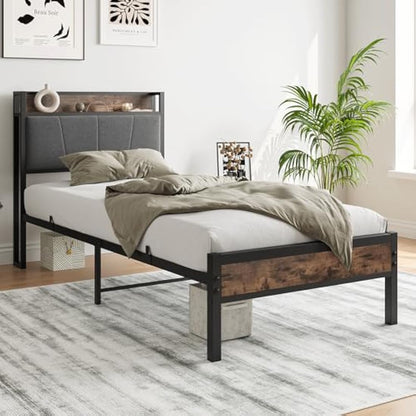 BORPHOM 3ft Single Bed Frame with Storage Headboard,Heavy Duty Metal Upholstered Platform Bed Frame,Mattress Foundation/Strong Steel Slat Support/Under-bed Storage/Easy Assembly