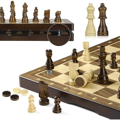 Peradix Chess Set and Draughts Board Games 2 in 1 Set | 15" Magnetic Foldable Walnut Wooden Chess Checkers Board | 2 Extral Queen | Educational Toy Set for Adults and Kids