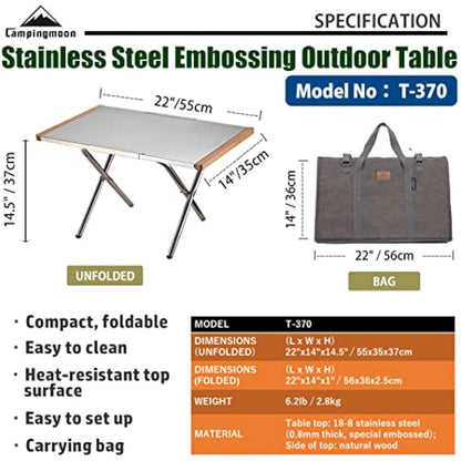 CAMPINGMOON Camping Side Table Heat-Resisting Stainless Steel Embossing Process for Outdoor Table Top Grill with Carrying Bag T-370