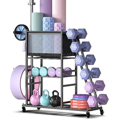 Mythinglogic Dumbbell Rack Stand, Multifunctional Weight Rack for Dumbbells, Yoga Mat, Fascia Roller, Kettlebell and Yoga Block, Powder-Coated Steel Dumbbell Stand with Wheels and Hooks