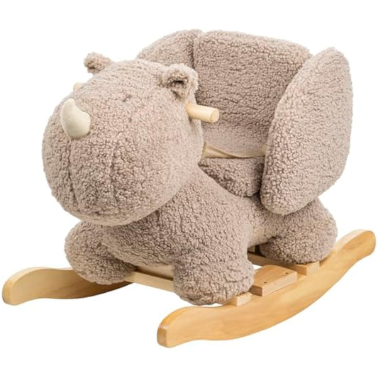 Nattou Wooden Rocker, Fully Padded Seat, Side Supports, Safety Belt, Handles For Small Hands, PETA-Approved Vegan, Soap-Water Cleaning, Super Soft Teddy Fabric Material, 10-36 Months, Taupe Rhino