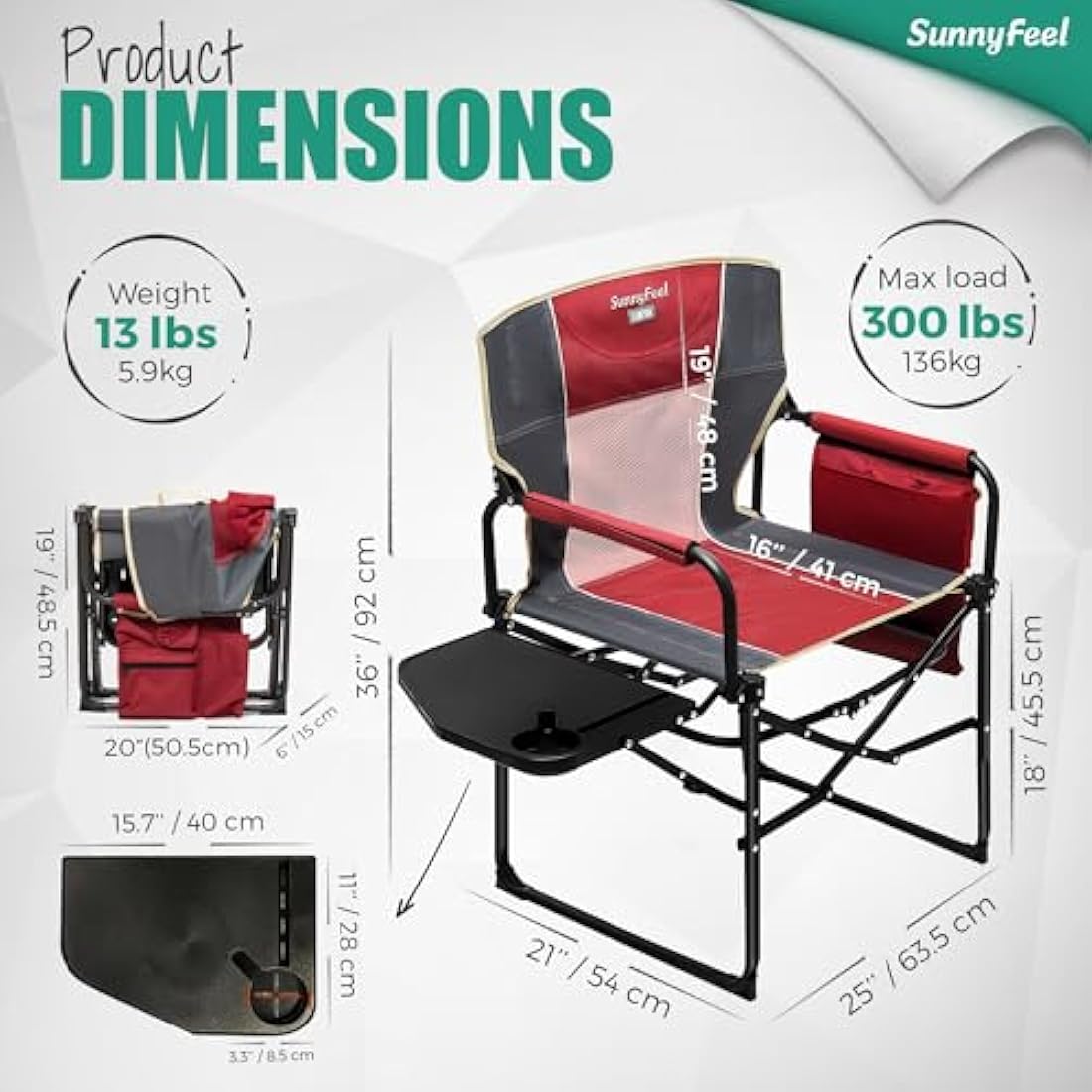 SUNNYFEEL Camping Director Chair, Portable Folding Chair with Side Table and Storage Pouches, Compact Heavy Duty for Adults Outdoor（Red）