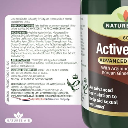 Natures Aid Active Man Tablets - High Strength Supplement with Zinc Maca Ginseng and Damiana - Supports Men’s Health Energy Vitality Immunity and Performance - Vegan Gluten Free Non-GMO - 60 Tablets