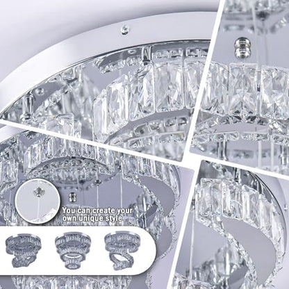 FRIXCHUR 15.7" Modern Crystal Chandelier Flower LED Flush Mount Ceiling Light 2 Rings Pendant Lights Chandeliers for Living Room Dining Room Bedroom (Cool White)