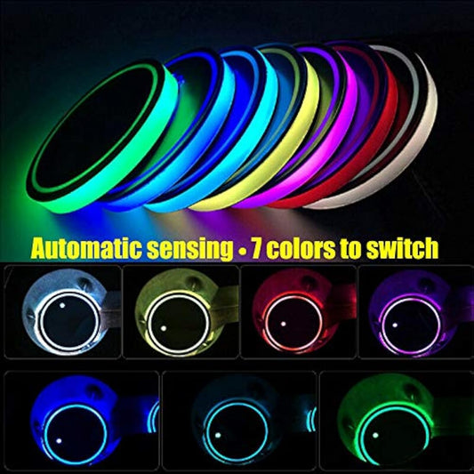 2pcs LED Car Coasters, LED Cup Holder Lights with 7 Colors Luminescent Cup Pad, USB Charging Cup Mat for Drink Coaster Accessories Interior Decoration Atmosphere Light.