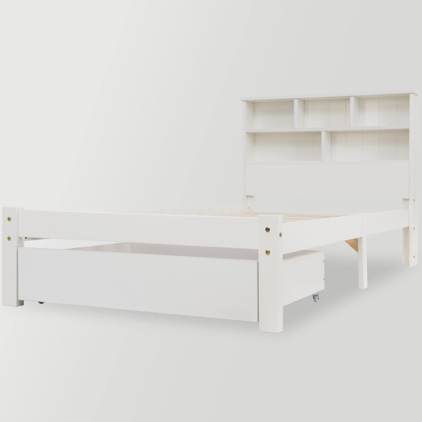 BTM Wooden Bed Frame with Shelves,Wooden Storage Bed, Shelf Headboard, Single Bed for Adult,Kids, Teenagers - 3FT (90 x 190 cm), White