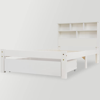 BTM Wooden Bed Frame with Shelves,Wooden Storage Bed, Shelf Headboard, Single Bed for Adult,Kids, Teenagers - 3FT (90 x 190 cm), White
