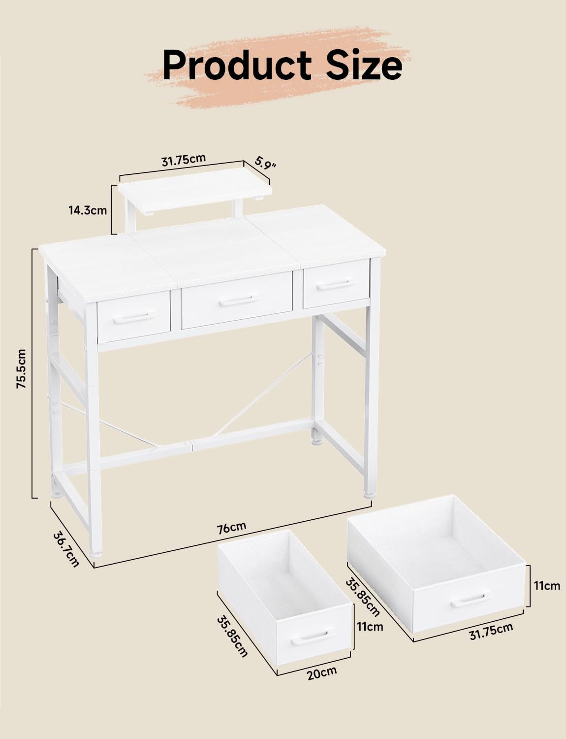 KitMent Small Desk with 3 Fabric Drawers, Small Computer Desk with Adjustable Monitor Stand and Hook, 76x36cm Table for Makeup Vanity