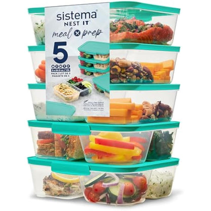 Sistema NEST IT Meal Prep Containers | 1.9 L | Airtight Food Storage Containers with Compartments & Lids | School Lunch Boxes | Green | 5 Count