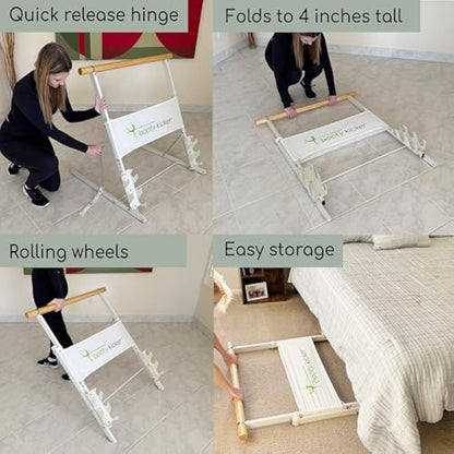 Booty Kicker – Home Fitness Exercise Barre, Folds Flat, Portable, Storable, Strong Angular Design for Pushing, Pulling, Balance & Ballet Exercises, wood, steel, nickle, Perfect for Barre Workouts