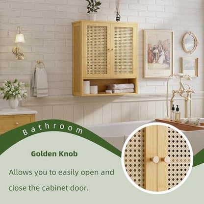 vovala Bathroom Wall Cabinet, Bamboo Over-The-Toilet Storage Organizer with 2 Rattan Doors and Adjustable Shelf, Space Saver Medicine Cabinet for Laundry, Kitchen, Living Room (Natural)