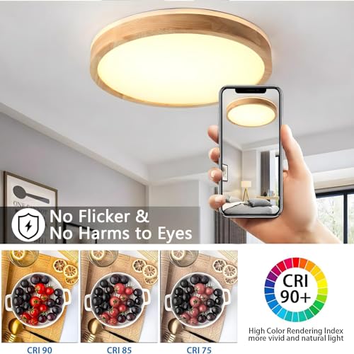 YYUTLUO LED Ceiling Light Wood, Top 360 Glow Round Natural Wooden Lamp | Dimmable with Remote Control 2700K-6500K, 30W | Living Room, Dining Room,