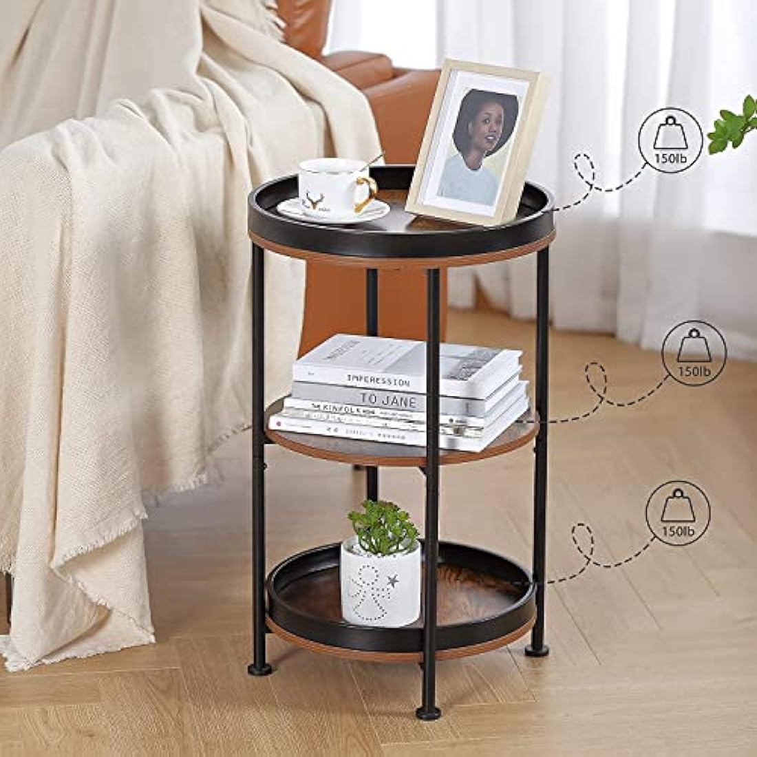 YEAKOO Industrial Nordic End Table, 3-Tier Round Side Table with Storage Shelf Edge Protection Tray, Sturdy Metal Frame Coffee Table Bedside Table for Living Room Bedroom Small Spaces/Rustic Brown