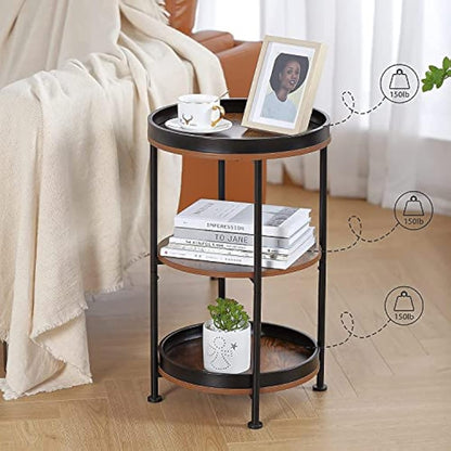 YEAKOO Industrial Nordic End Table, 3-Tier Round Side Table with Storage Shelf Edge Protection Tray, Sturdy Metal Frame Coffee Table Bedside Table for Living Room Bedroom Small Spaces/Rustic Brown
