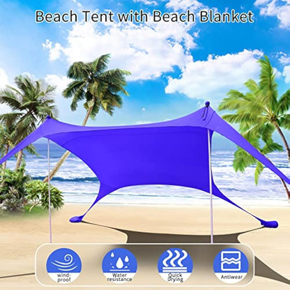 CUUPO 77 FT Beach Tent Sun Shelter UPF50+ UV Protection, Outdoor Canopy Tent Sun Shade with 2 Poles for Camping, Fishing, Backyard and Picnics with Sandproof Beach Blanket Royal Blue