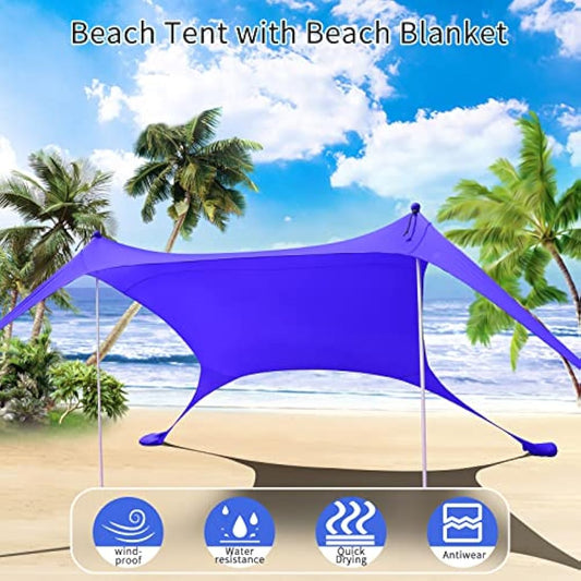 CUUPO 77 FT Beach Tent Sun Shelter UPF50+ UV Protection, Outdoor Canopy Tent Sun Shade with 2 Poles for Camping, Fishing, Backyard and Picnics with Sandproof Beach Blanket Royal Blue