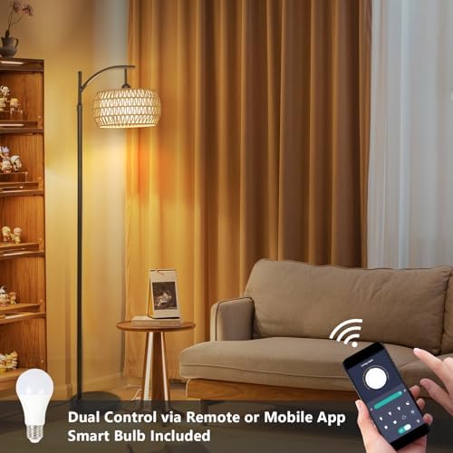 Rayofly Arc Floor Lamp for Living Room, Dimmable Floor Lamps with Remote Control, Boho Standing Lamp with Rattan & Linen Double Shades, Black Reading Tall Lamp for Bedroom Office, 9W LED Bulb Included