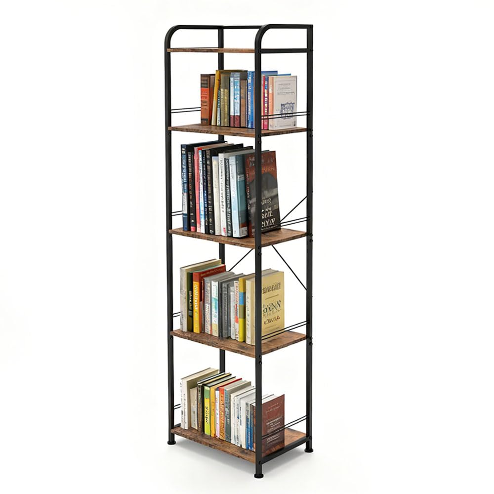 Forthcan 5-Tier Bookshelf, Bookcase, Shelving Unit, Floor Standing Book Shelf, Wooden Shelf and Metal Frame Book Rack