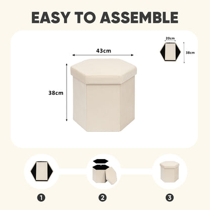 PINPLUS Hexagonal Storage Ottoman, Velvet Foldable Footstool, Cream White