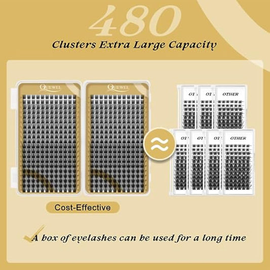 Cluster Lashes 480 Pcs QUEWEL Individual Eyelashes MIX10-18 D Curl DIY Lash Extensions Thin Band Lash Clusters Eyelashes Individual Volume False Eyelashes Soft & Light For Home Use（honey01 D MIX10-18）
