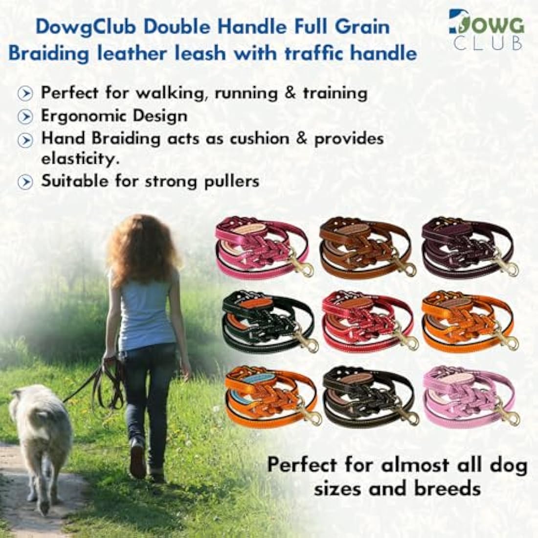 DowgClub | 6' Genuine Leather Dog Leash | Heavy Duty, Handmade, Braided, Strong | Medium, Large, X-L Dogs | Dual Handle Design D Ring | Padded & Traffic | Black, Brown, Cherry, Tan (6 feet, Tan))