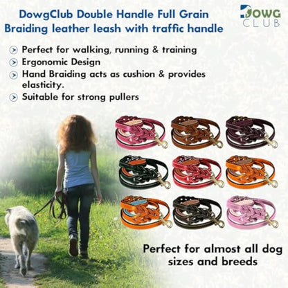 DowgClub | 6' Genuine Leather Dog Leash | Heavy Duty, Handmade, Braided, Strong | Medium, Large, X-L Dogs | Dual Handle Design D Ring | Padded & Traffic | Black, Brown, Cherry, Tan (6 feet, Tan))