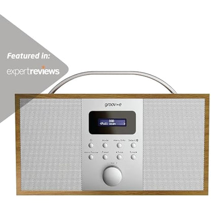 Groov-e Boston Wooden DAB & FM Digital Radio - Built-In Alarm Clock, Dynamic Range Control & Bluetooth Connectivity - LCD Display - Mains or Battery Operated - Portable Radio - 40 Preset Stations