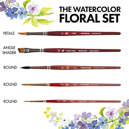 Princeton Watercolour Floral Set, 5 x Mixed Brushes, Watercolour, Short Handle, for Professionals & Students
