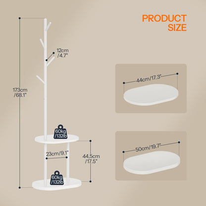 HOOBRO Coat Stand, Freestanding Coat Rack with 2 Shelves and 4 Hooks, Coat Stands for Hallway, Hall Tree Clothes Rail with Thickened Base