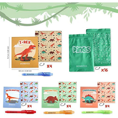BONNYCO Invisible Ink Pen and Notebook, Pack 16 Dinos Party Bags Filler & Pinata Toys | Dinos Birthday Decorations | Stocking Fillers for Kids Birthday | School Prizes & Gifts for Children