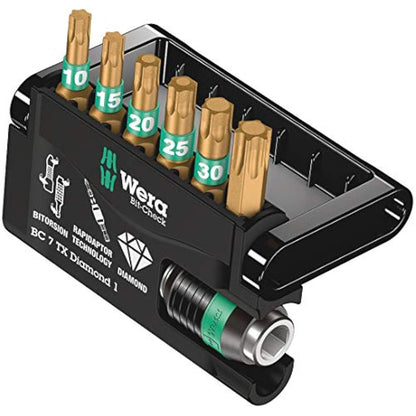 Wera Bit-Check 7 TX Diamond 1 Anti Cam-out Torx BiTorsion Long Life bit set for drill/drivers, TX10,15,20,25,30,40 7 piece, 05057415001