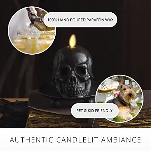 Luminara Flameless Single LED Moving Flame Small Skeleton Skull Figural (3.75" x 4.25") Real Wax LED Candle, Unscented, Timer - Black