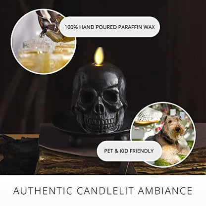 Luminara Flameless Single LED Moving Flame Small Skeleton Skull Figural (3.75" x 4.25") Real Wax LED Candle, Unscented, Timer - Black