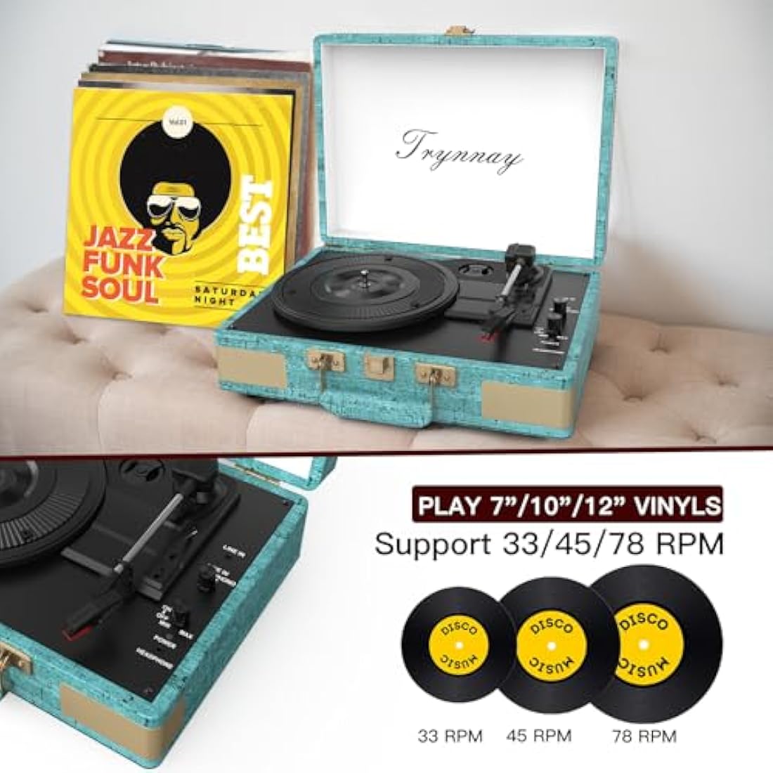 Trynnay Record Player 3 Speed Bluetooth Portable Suitcase Vinyl Player with Built-in Speakers Turntable Enhanced Audio Sound Sky Blue