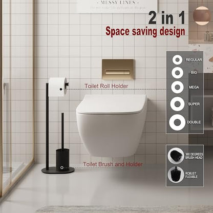 BVL Toilet Roll Holder with Toilet Brush Black, Stainless Steel Free Standing Toilet Brush, Toilet Brush and Toilet Paper Holder