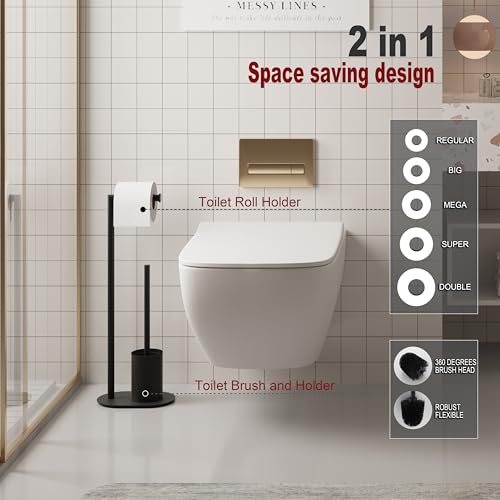 BVL Toilet Roll Holder with Toilet Brush Black, Stainless Steel Free Standing Toilet Brush, Toilet Brush and Toilet Paper Holder