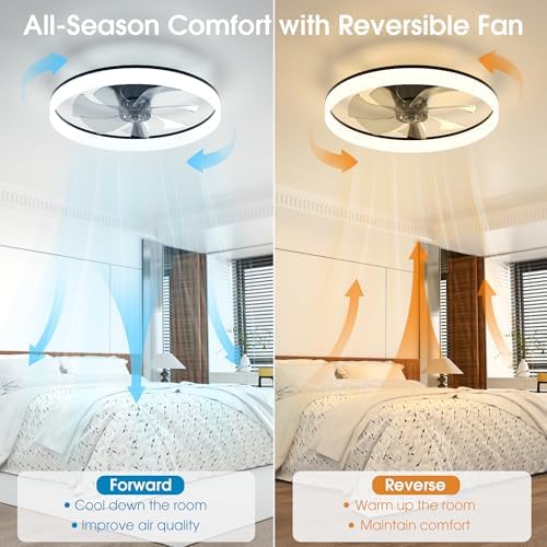 NIORSUN 60cm Ceiling Fans with Lights and Remote, 6 Speeds Modern Smart LED Ceiling Fan Light, 3000K-6500K Dimmable Quiet Fan Lights Ceiling for Bedroom Living Room Dining Room (Black)