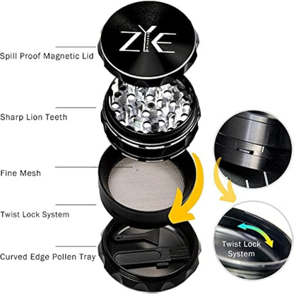 ZYE Herb Grinder – Quality Aluminium w/Ultra Sharp Teeth – Large 2.5" 4 Piece w/Twist & Lock Storage Layer – No Flaking and Non-Stick - Gold