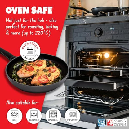 Kuhn Rikon Easy Induction Non Stick Aluminium Frying Pan with Bakelite Handle 24cm. Nonstick Frying Pan Induction Safe Pan. Oven Safe and Dishwasher Safe. Lifetime Kuhn Rikon Cookware Guarantee. Black