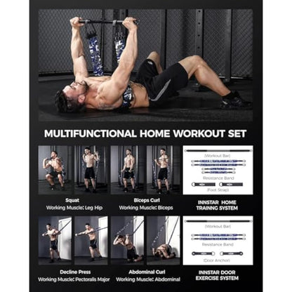 INNSTAR Portable Home Gym Set with Workout Bar, Bench Press Set, Squat Resistance Band, Door Anchor and More-Full Body Workout Equipment to Build Muscle and Shape Body