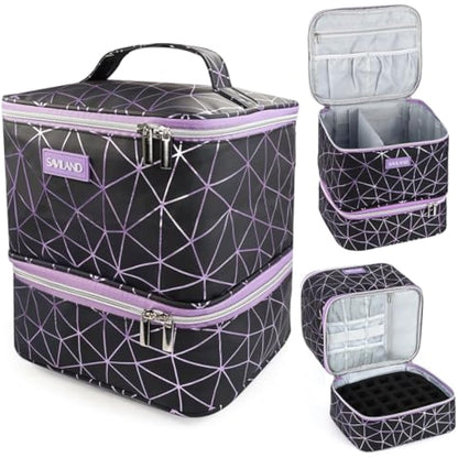 SAVILAND Nail Polish Organizer Bag: PU Leather Nail Kit Organizer Holds 30 Bottles & Nail Lamp, Black Nail Supply Organizer Nail Polish Carrying Case Gel Nail Organizers and Storage Box for Nail Tech