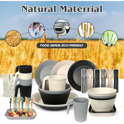 UHAPEER 67Pcs Camping Dinner Set for 6 People,Plastic Picnic Dinner Sets,Unbreakable Plastic Dinner Plates,Bowls,Cups Set,Camping Plate Set,Picnic,BBQ,Party,Campervan, Kitchen Equipment