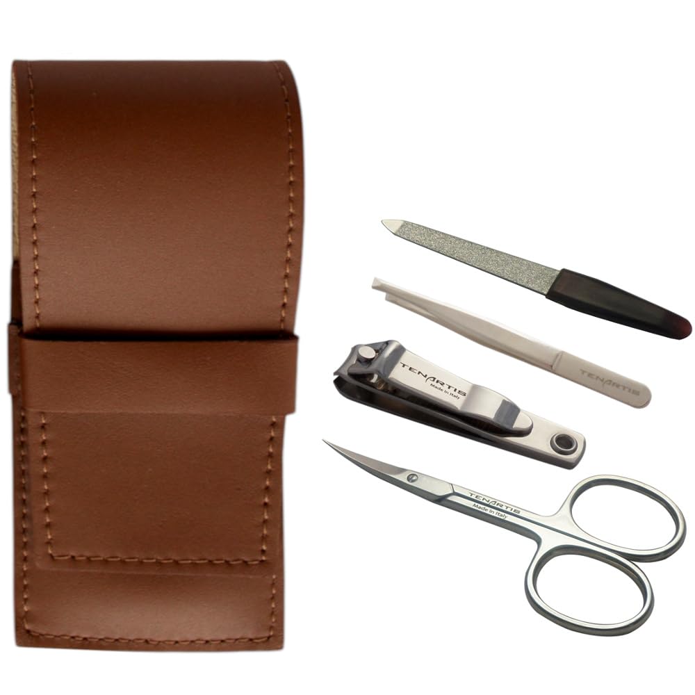 4-Piece Genuine Leather Men's Manicure Set with Nail Clipper - Tenartis Made in Italy (Brown)